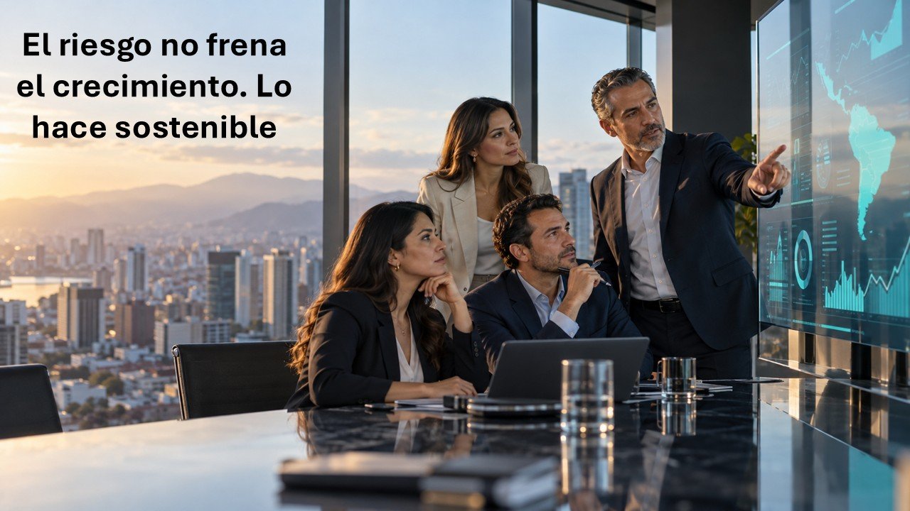 Equipo de líderes bancarios latinoamericanos analiza indicadores de riesgo; texto: “El riesgo no frena el crecimiento. Lo hace sostenible.”